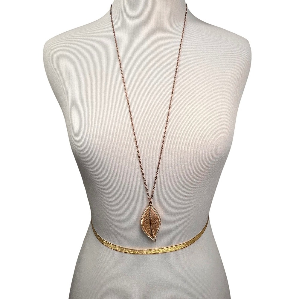 Aldo Leaf Pendant Necklace Antique Gold Tone Pave Rhinestone Long Necklace - Picture 3 of 9